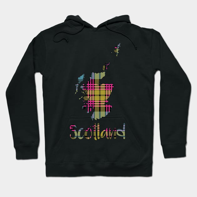 Scotland Pink, Blue and Yellow Tartan Map Typography Design Hoodie by MacPean